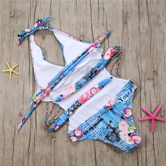 Sexy Floral Halter Strappy Back One Piece Swimsuit - Picture 5 of 8